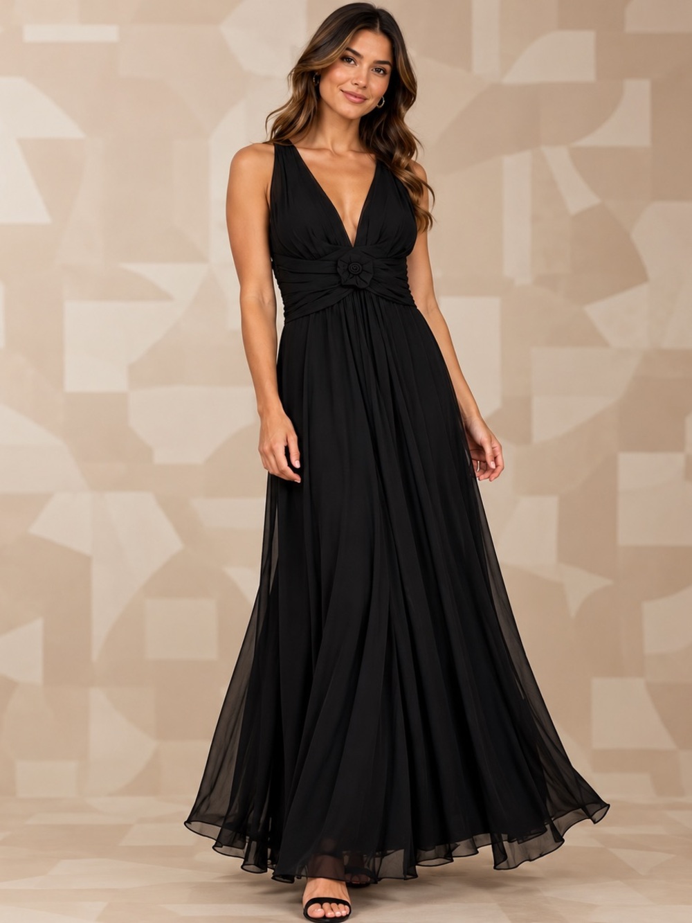 💎MAKE OFFER💎 Donna Ricco Black V-Neck Maxi Gown Waist Rosette Dress Sz 8